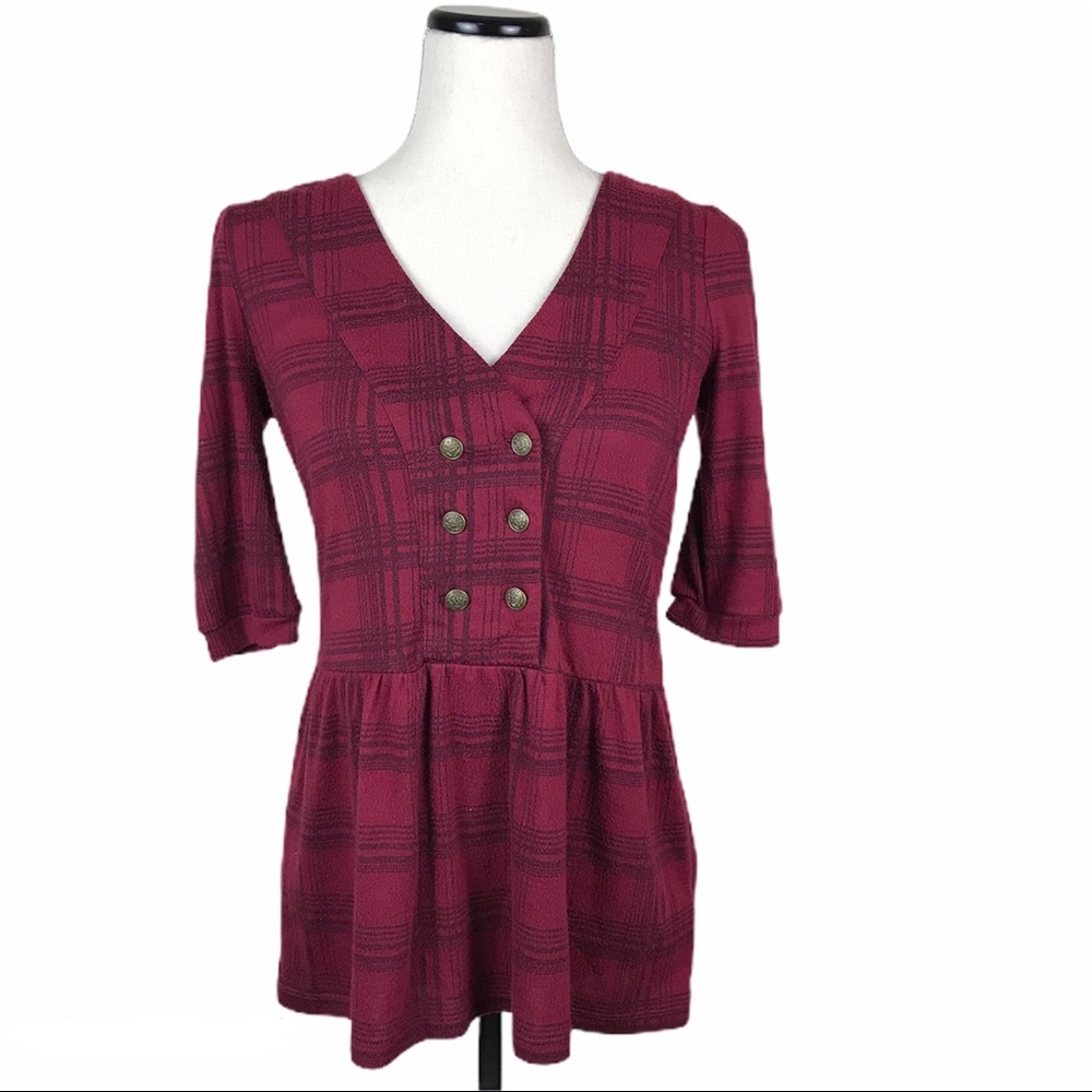 Kimchi Blue Red Plaid Bronze Button Top